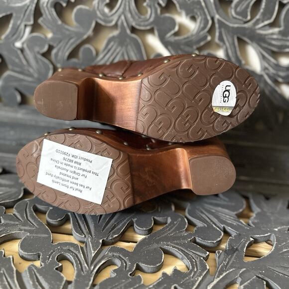 UGG Kaylee Leather Platform Clogs Brown Studded Wood Heel Braided Strap Size 7 - Picture 12 of 14